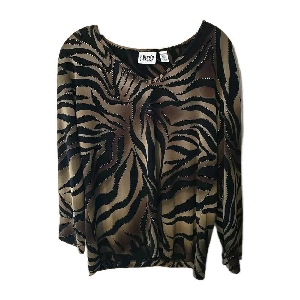 Chico's Design Brown Zebra Print Slinky Acetate Long Sleeve Top Womans Size 2 Lg
